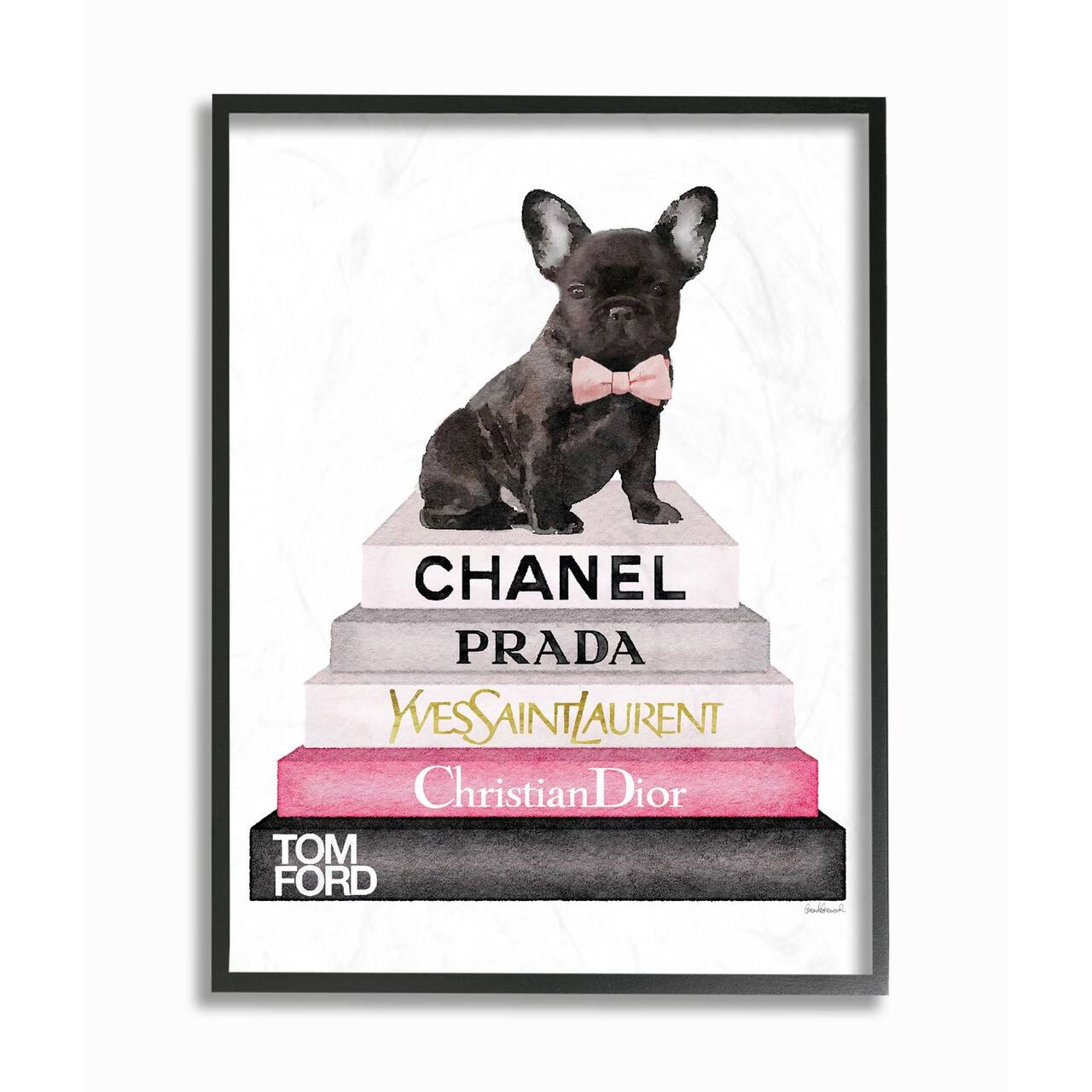 Stupell Industries Fashion Book Stack & French Bulldog Wall Art in Black Frame